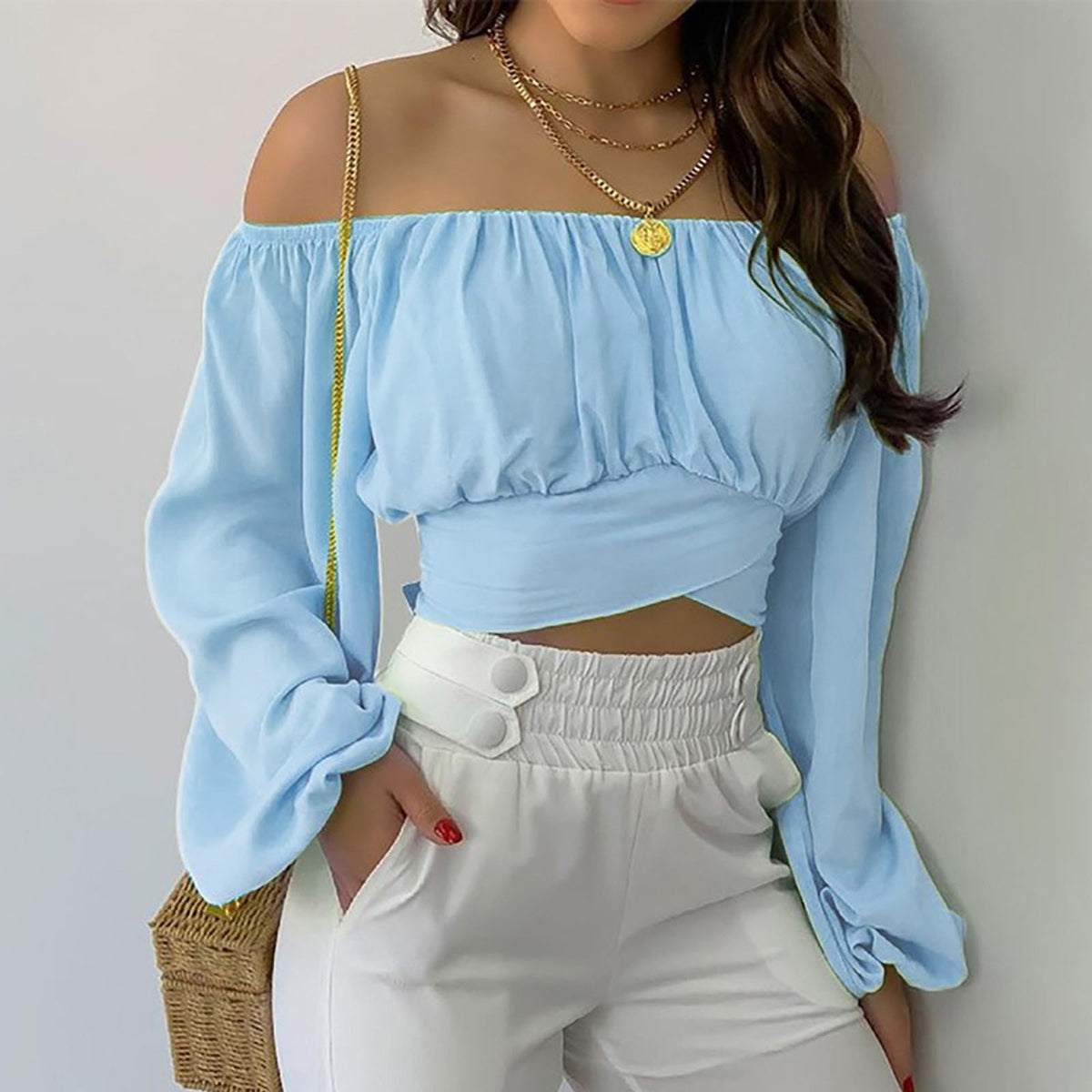 Off-Shoulder Lace-Up Long-Sleeve Top