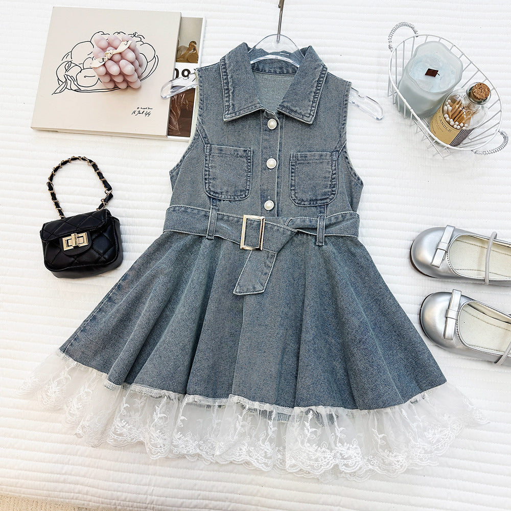 Girls’ Sleeveless Denim Dress with Lace Trim