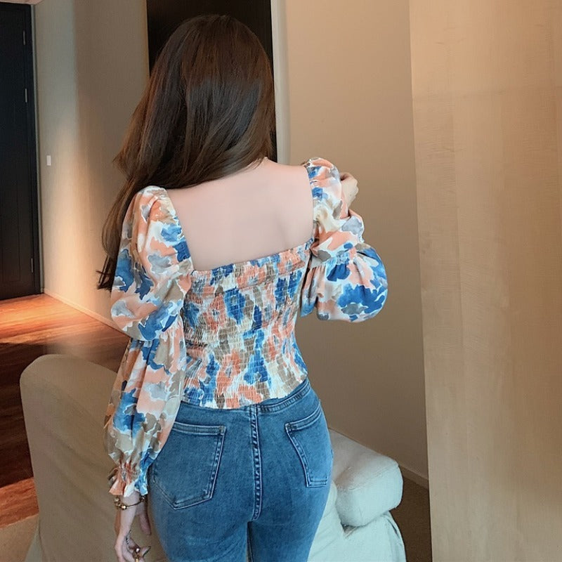 Retro Bow-Detail Puff-Sleeve Top