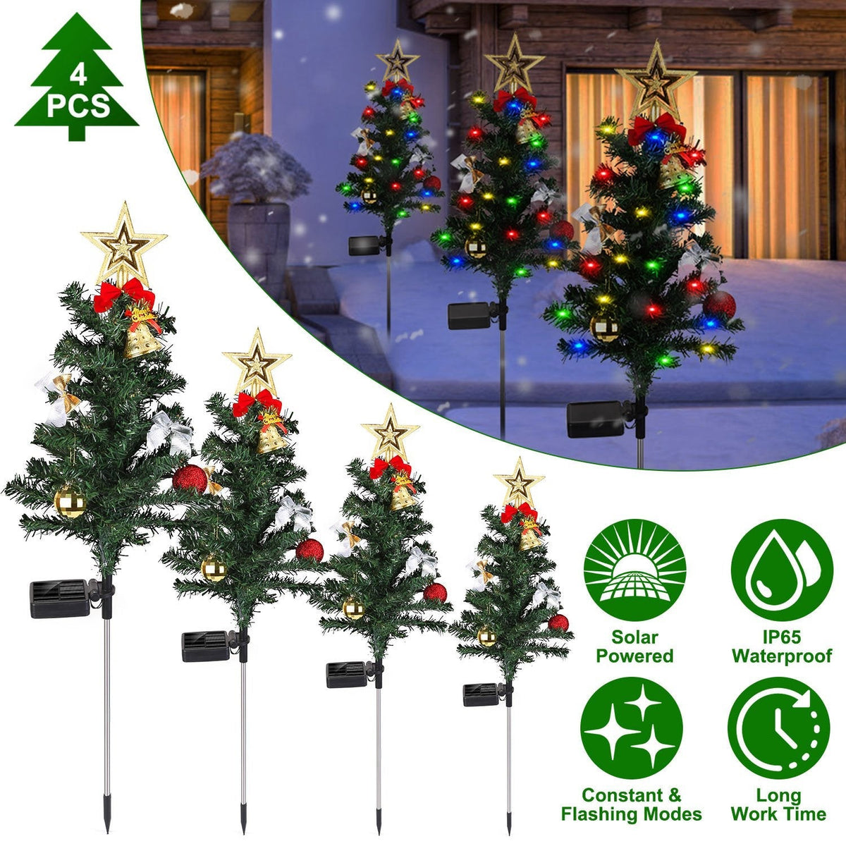 4Packs Solar Christmas Tree Lights Christmas Garden Decorations Tree Stake Lamp 20LEDs Solar Decor