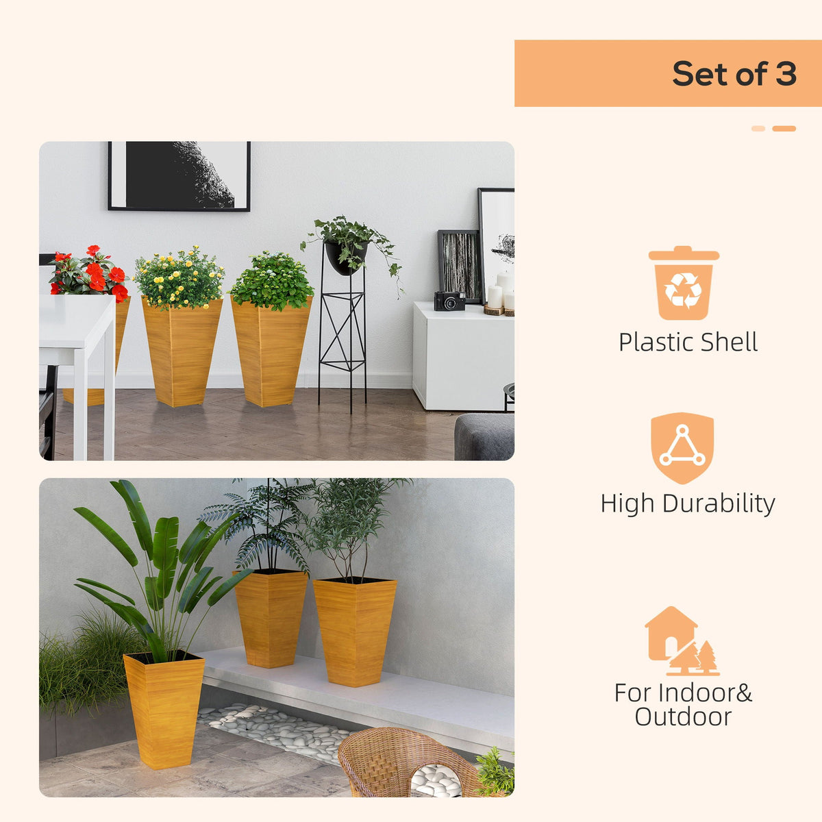 Outsunny Large Faux-Wood Tapered Planters – Set of 3