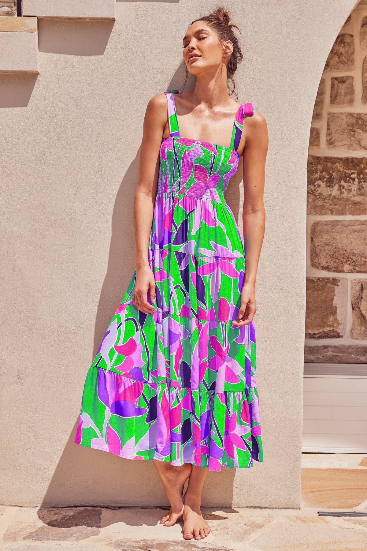 Printed High-Waist Pleated Maxi Dress