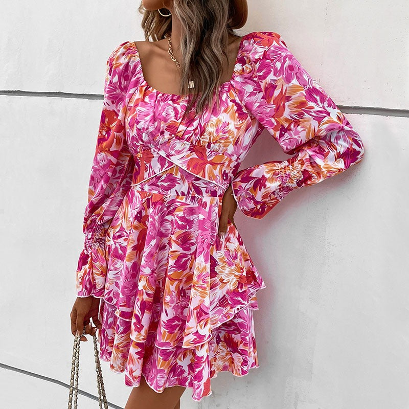 Floral Square-Neck Ruffle-Sleeve Midi Dress