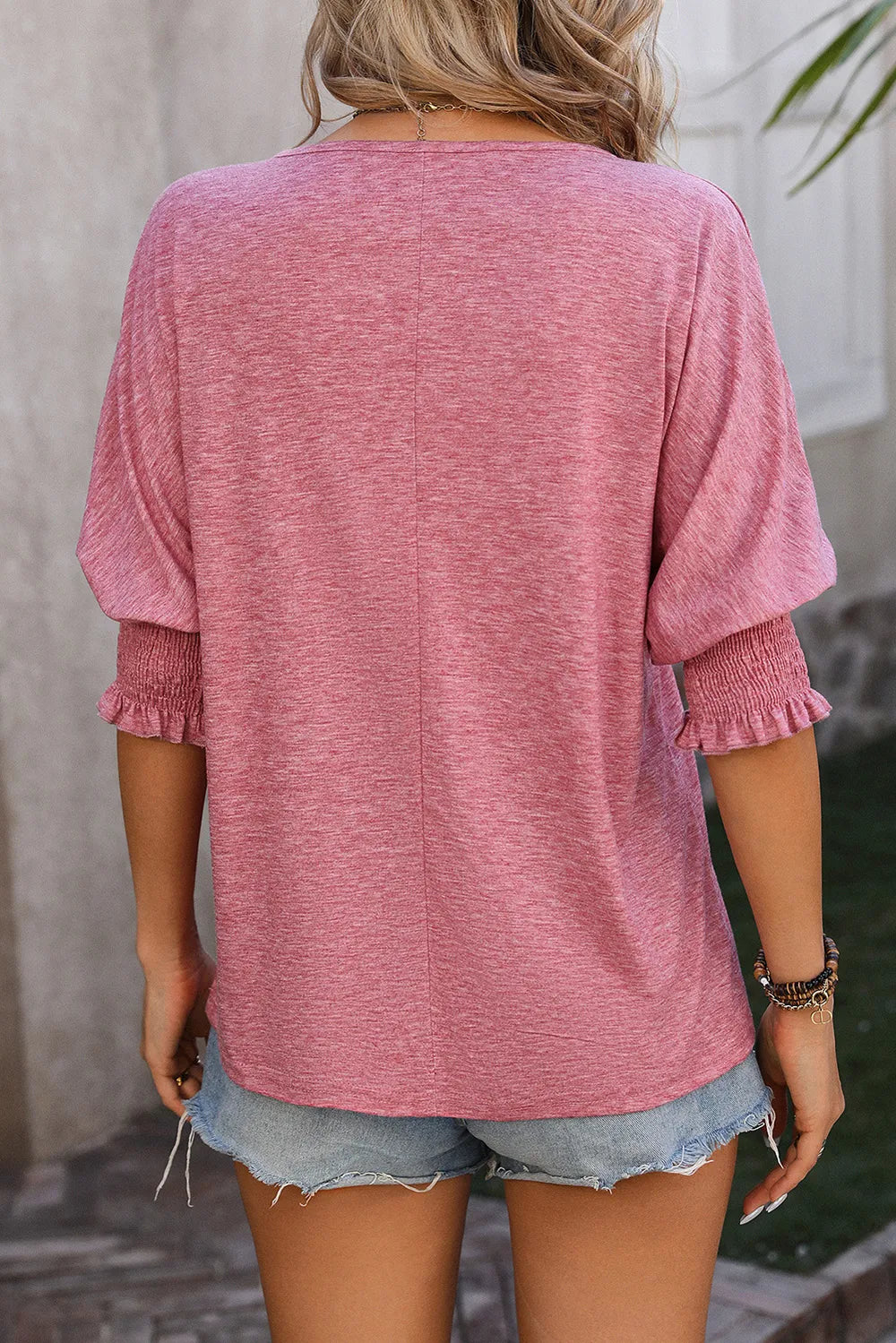 Notched-Neck Lantern-Sleeve Blouse