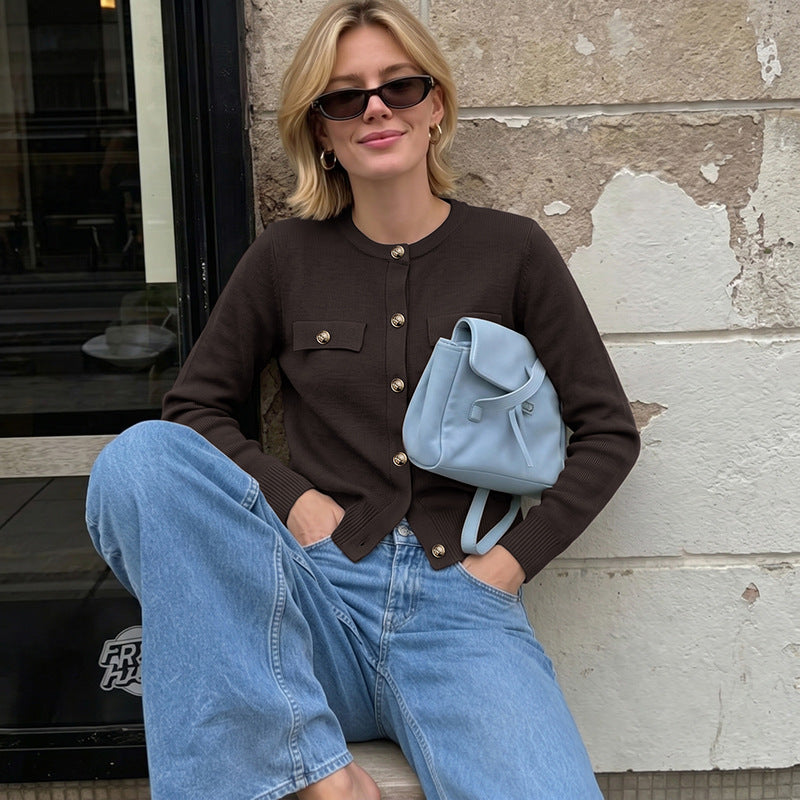 Coffee Brown Round-Neck Cardigan
