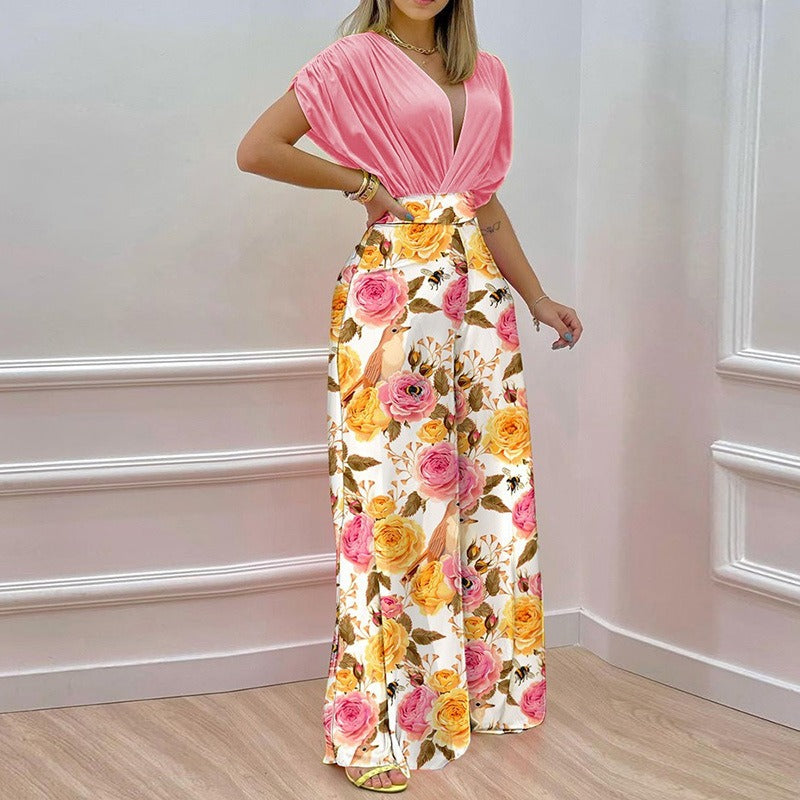 Printed V-Neck Top & Wide-Leg Pants Set