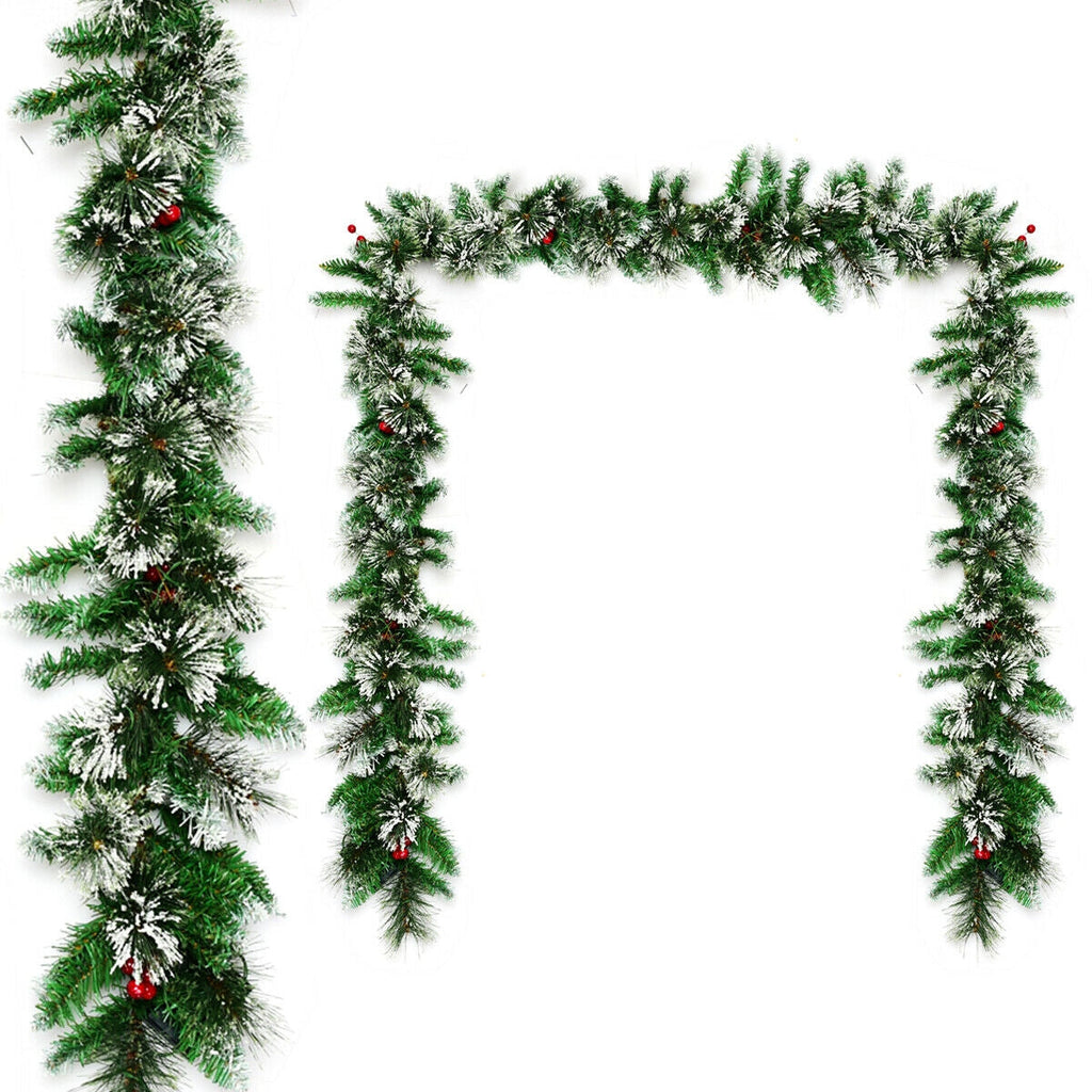 9 Feet Pre-Lit Snow Flocked Tips Christmas Garland with Red Berries
