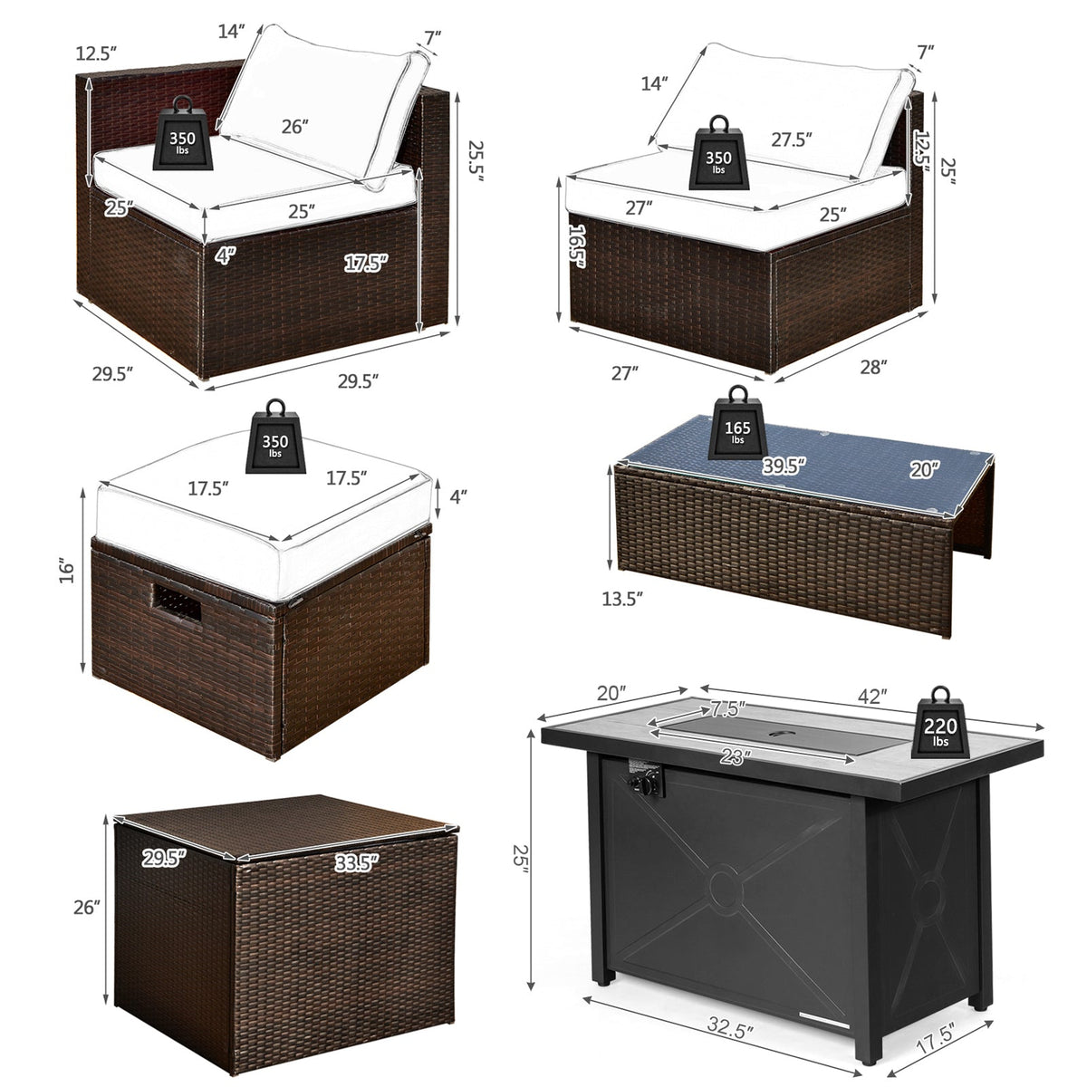 9-Piece Patio Furniture Set with 42-Inch Propane Fire Pit