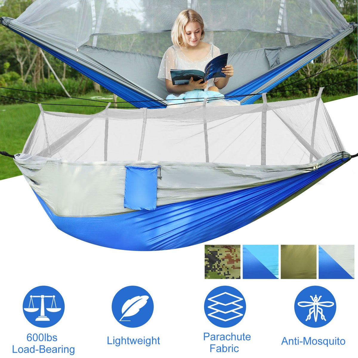 2-Person Camping Hammock with Mosquito Net — 600 lb Capacity