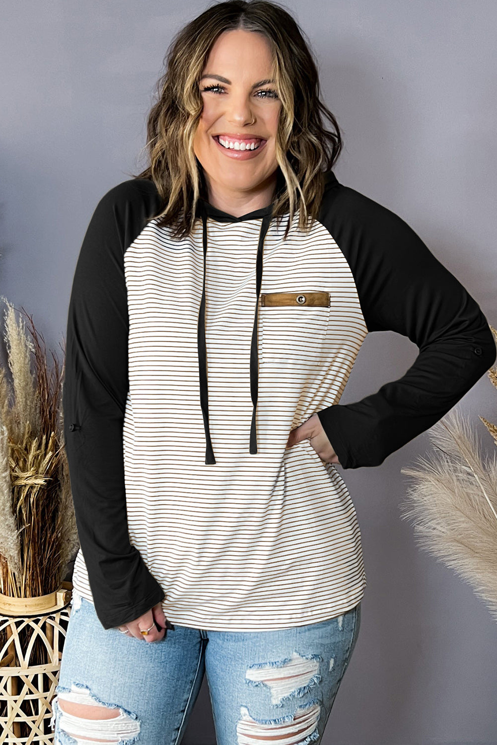 Women's Plus Size Striped Raglan-Sleeve Hoodie