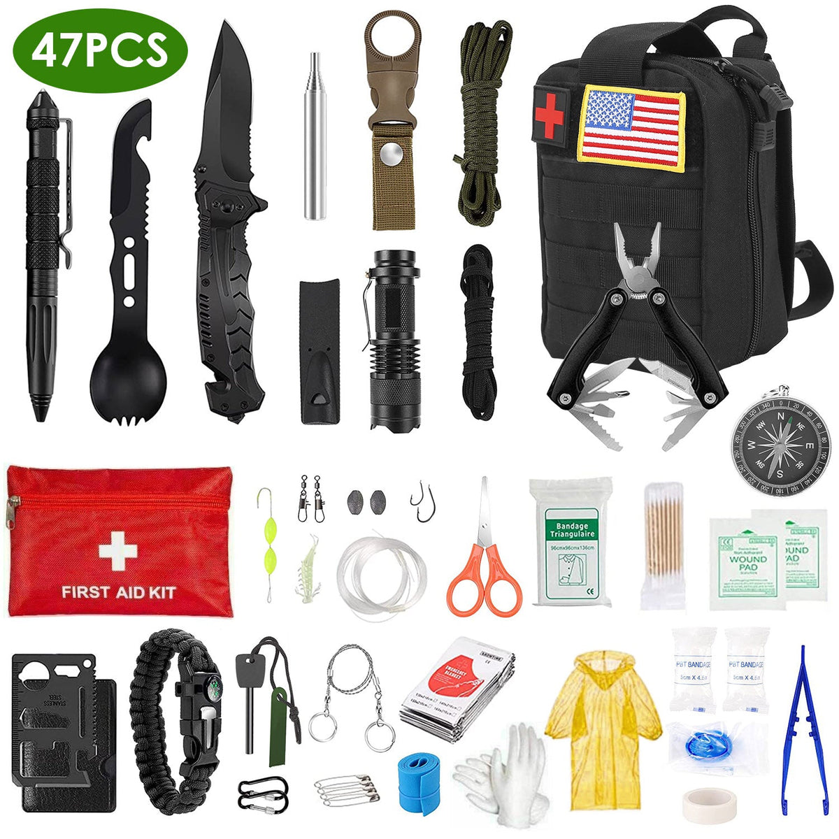 47-Piece Emergency Survival & First Aid Kit with Pouch