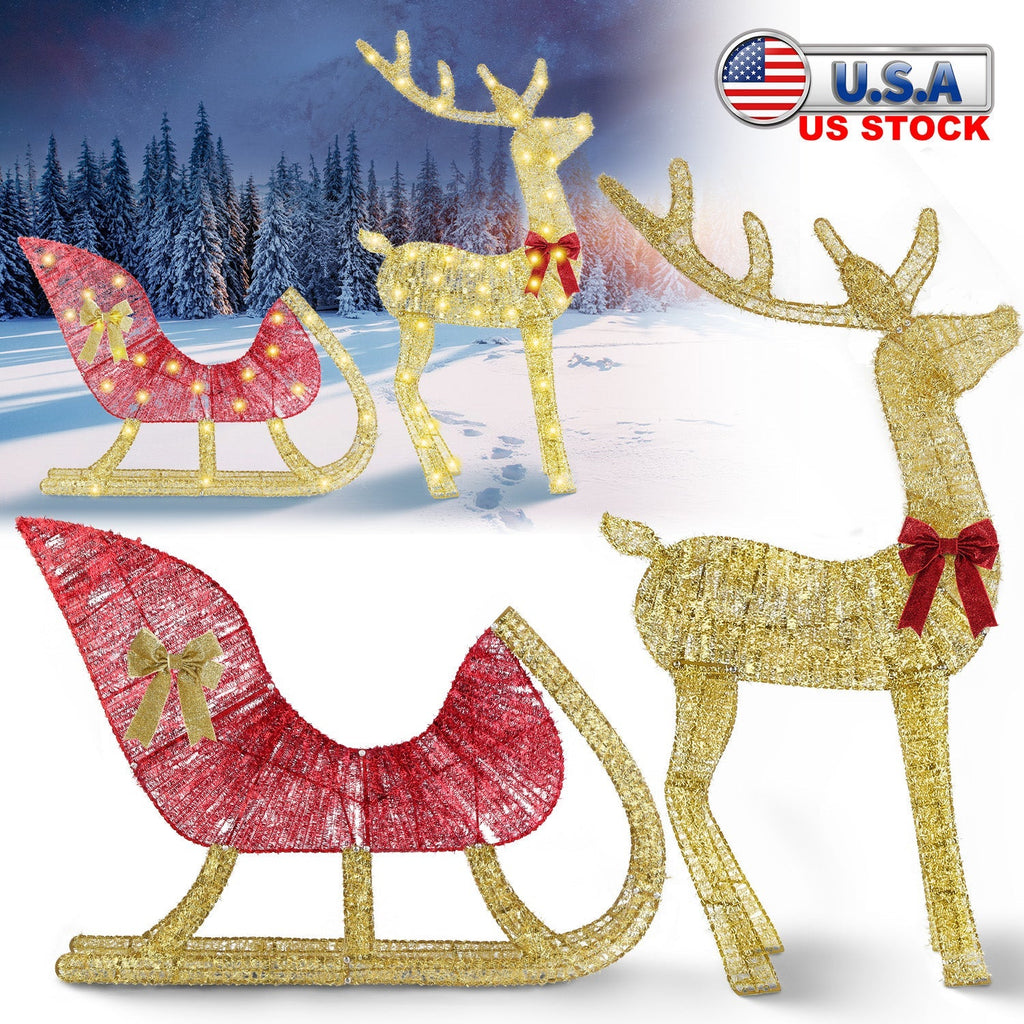 Lighted Christmas Reindeer & Sleigh Indoor Outdoor Christmas Decoration Christmas Lighted Display