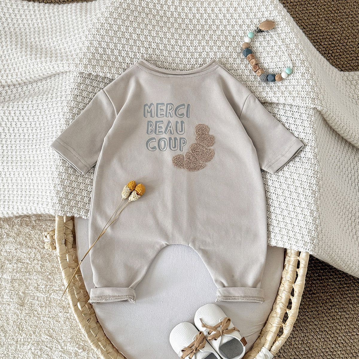 Baby Apricot Cotton Knit Button-Front Romper