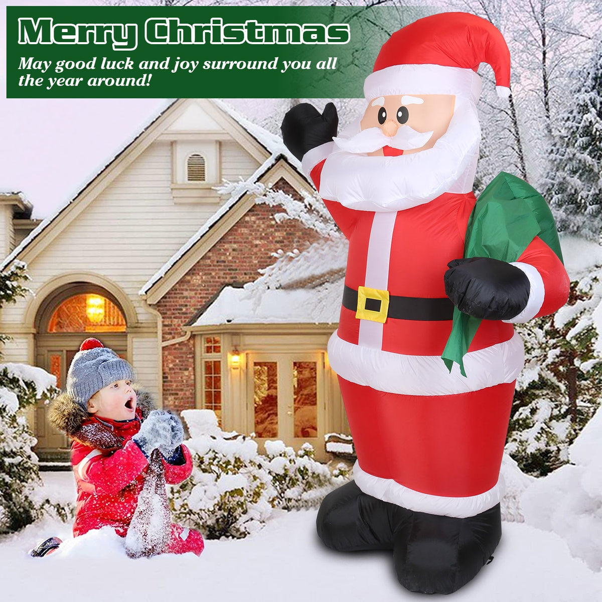 6.4ft Inflatable Christmas Giant Santa Claus Blow up Light up Santa Claus with LED Lights Gift Bag