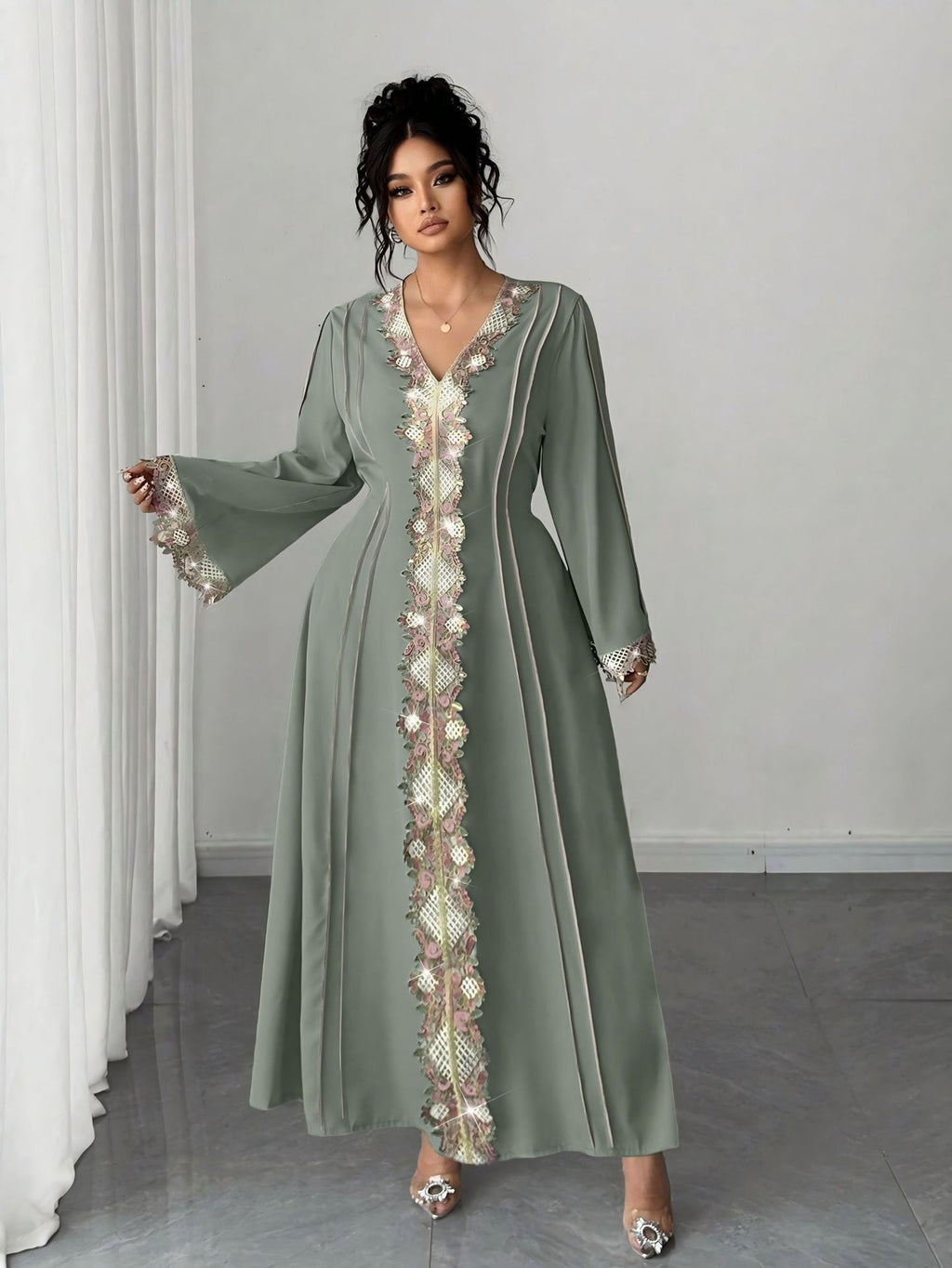 Women's Plus Size Lace Embroidered V-Neck Dress