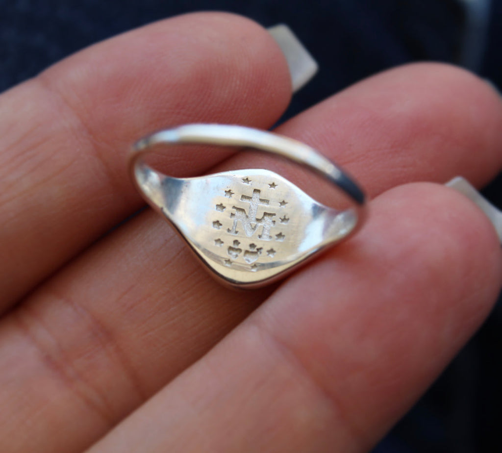 925 Sterling Silver Miraculous Medal Signet Ring