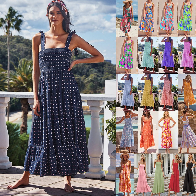 Printed High-Waist Pleated Maxi Dress