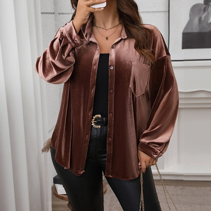 Women's Plus Size Velvet Lapel-Collar Blouse