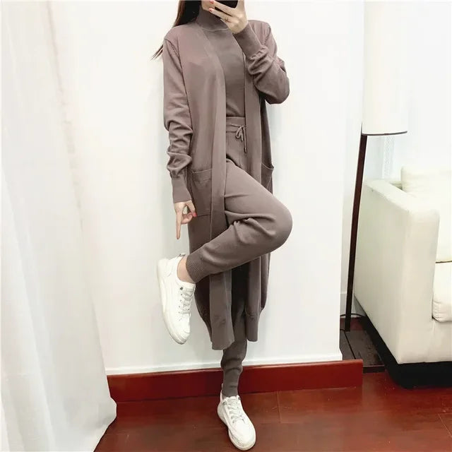 Three-Piece Knit Cardigan, Vest & Pants Set