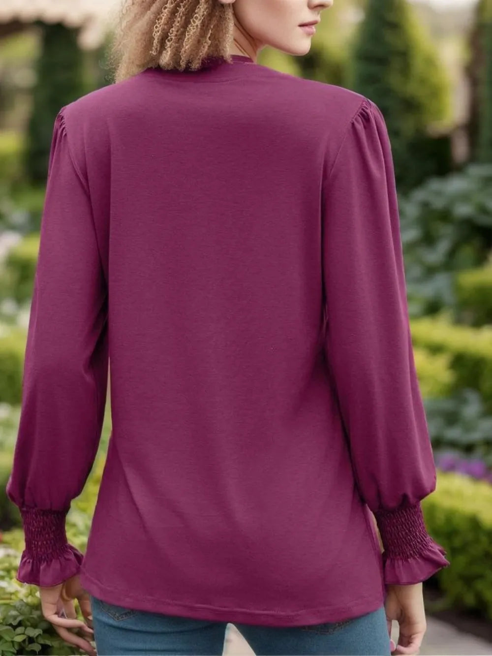 Women's Notched Smocked Flounce-Sleeve Blouse