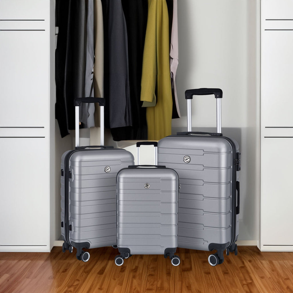3-Piece ABS Spinner Luggage Set — Silver/Gray, 20, 24 & 28 in