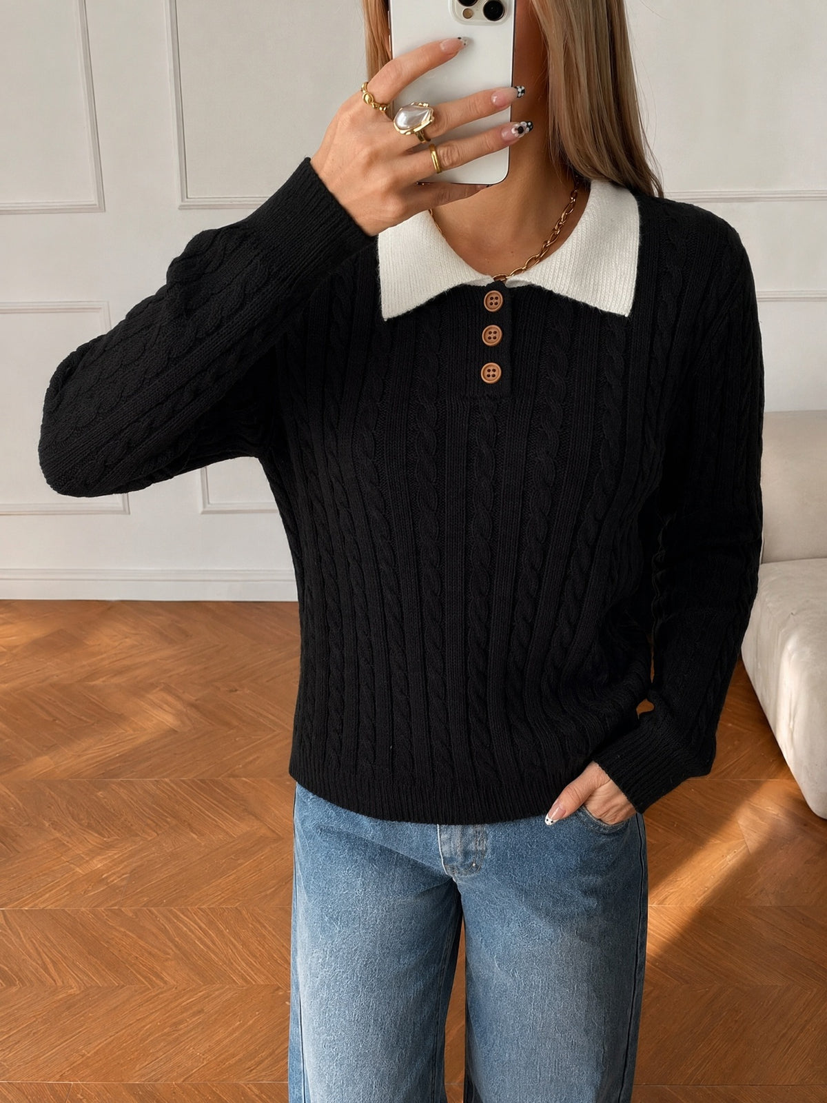 Polo-Collar Long-Sleeve Sweater