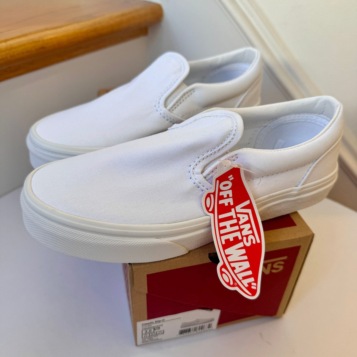 Vans Kids’ Classic Slip-On Sneakers — All White, New