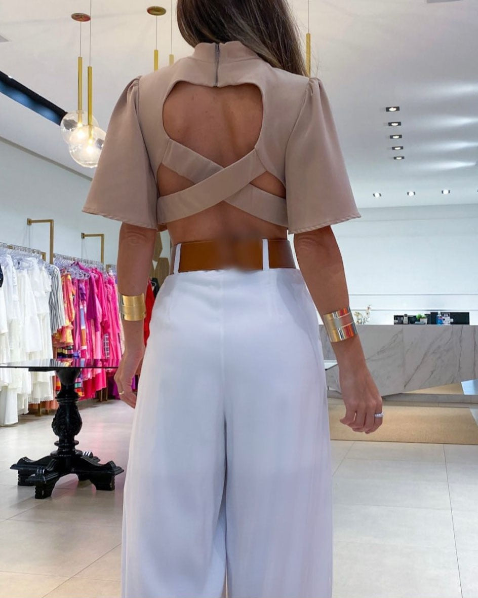 Open-Back Flare-Sleeve Top & Wide-Leg Pants Set