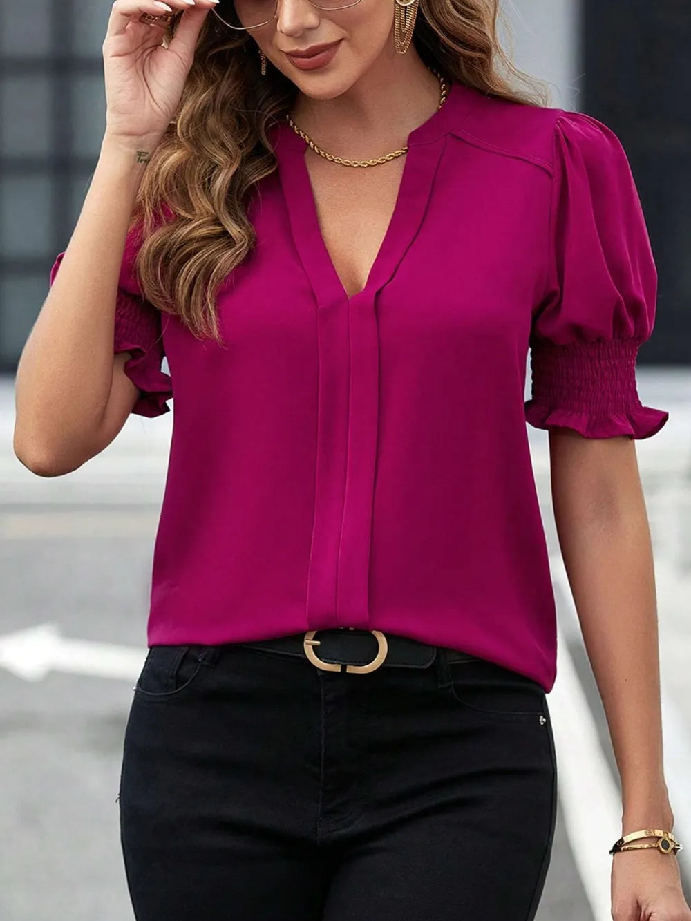 Notched-Neck Short-Sleeve Blouse