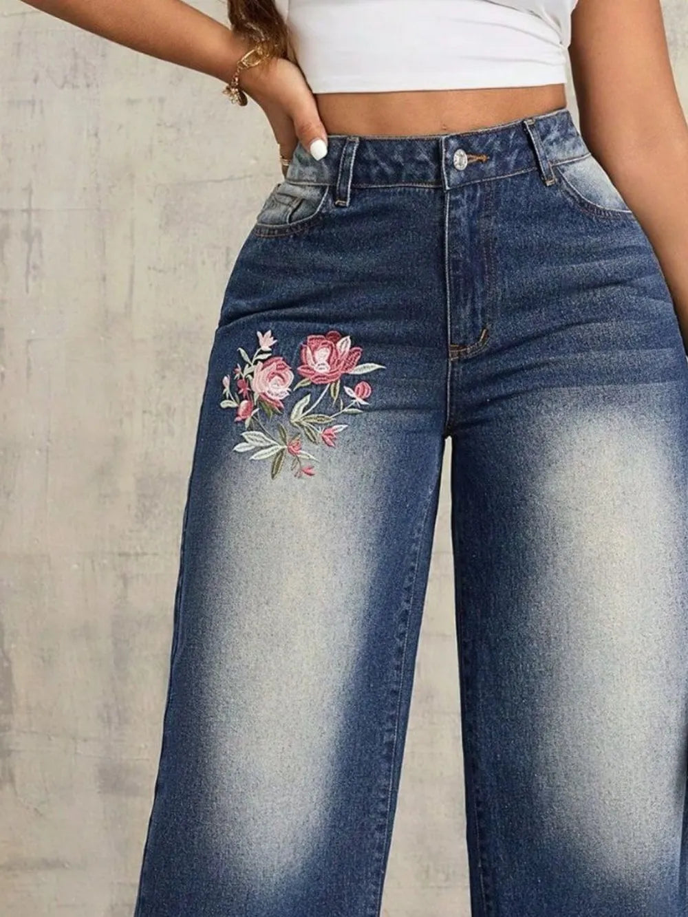 Embroidered Wide-Leg Jeans