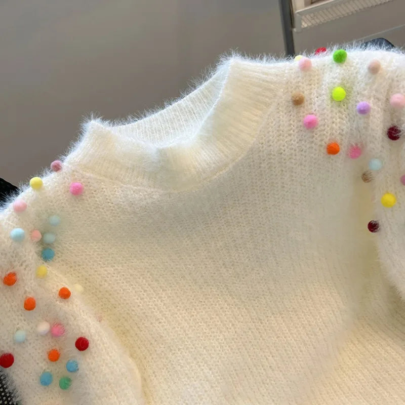 Colorful Pom-Pom Patchwork Cropped Sweater