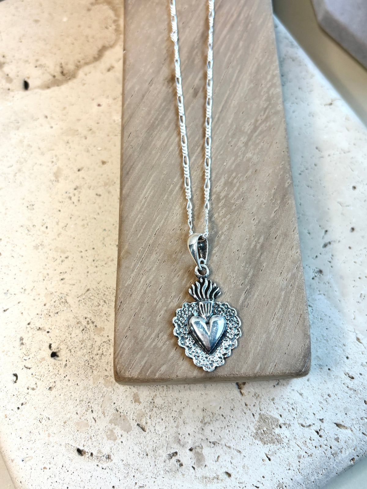 925 Sterling Silver Sacred Heart Figaro Necklace
