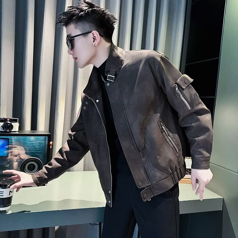 Men's Plus Size Stand-Collar Faux-Leather Jacket