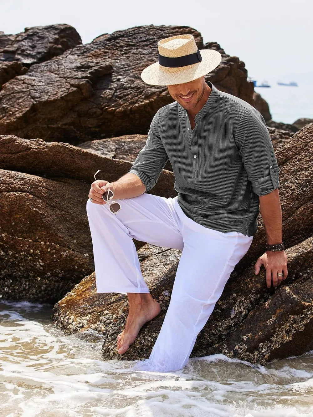 Men's Plus Size Half-Button Long-Sleeve Shirt
