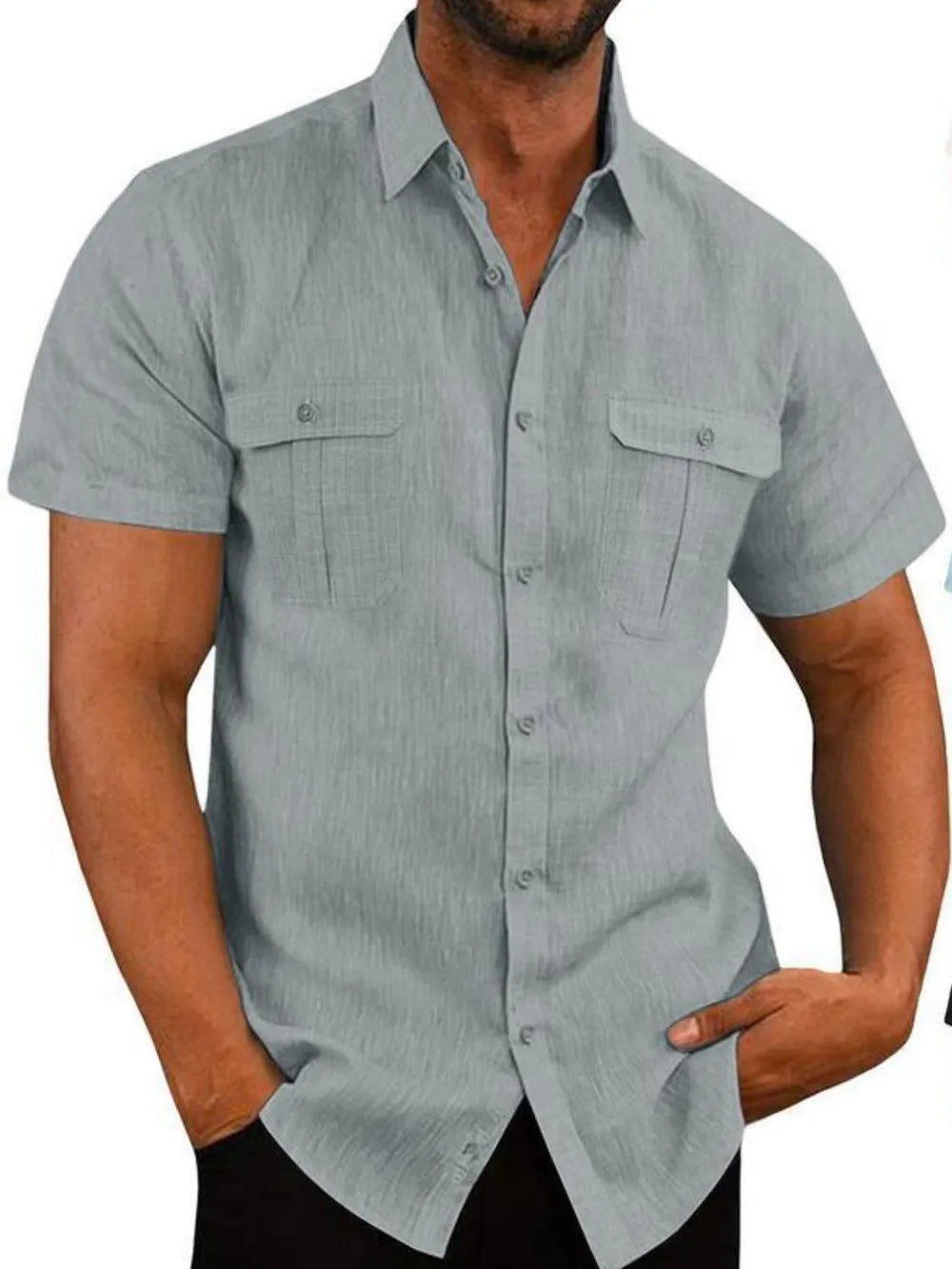 Men's Plus Size Short-Sleeve Linen-Cotton Shirt