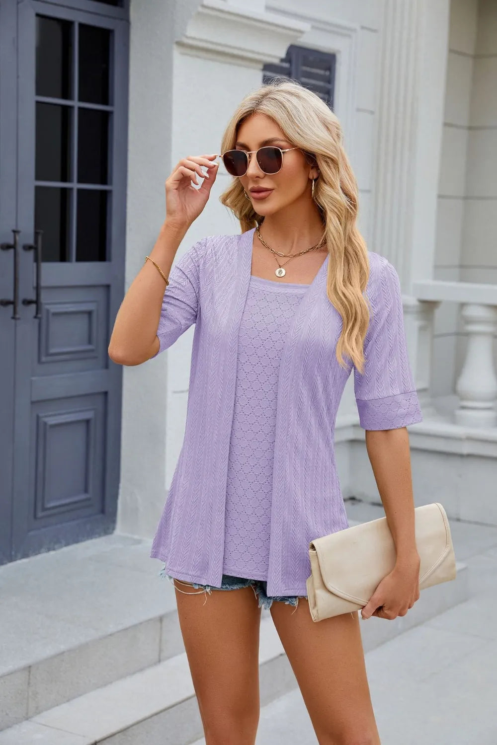 Square-Neck Eyelet Half-Sleeve Blouse
