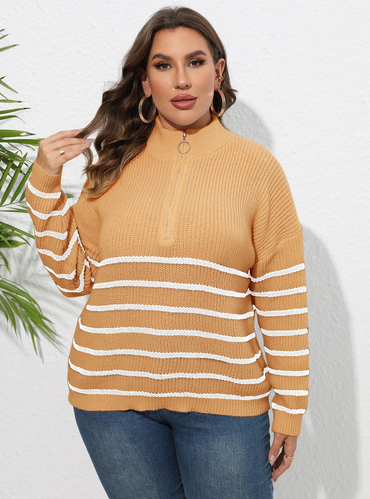 Women's Plus Size Striped Zip-Detail Knit Sweater
