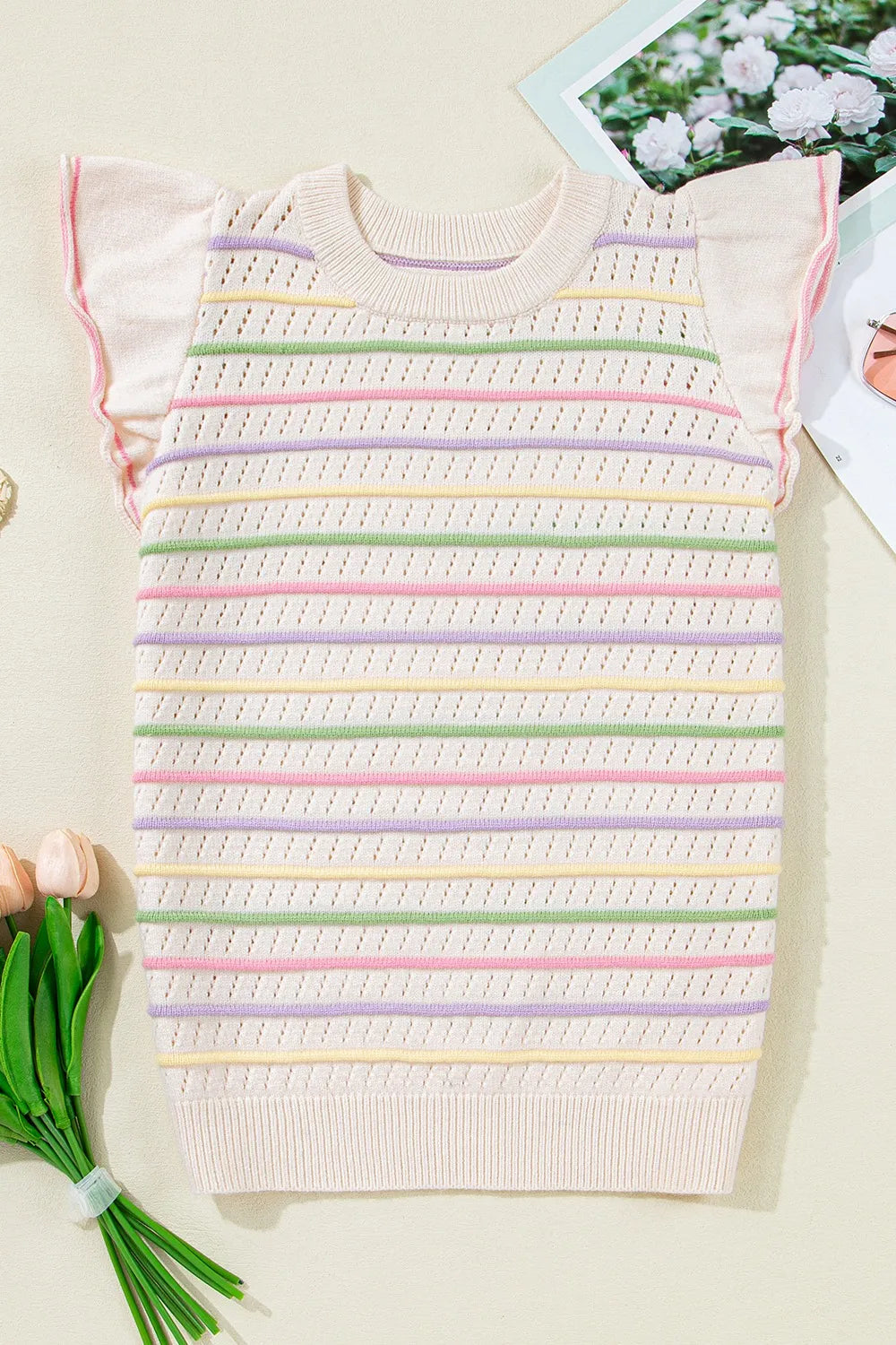 Women's Striped Eyelet Ruffle-Sleeve Sweater Vest