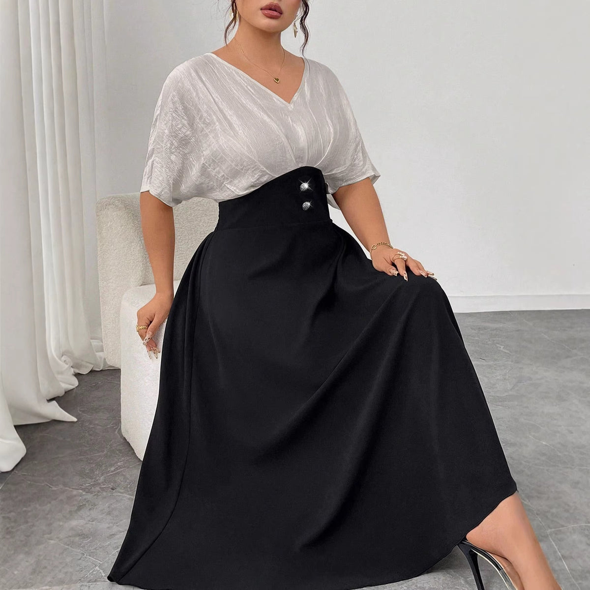 Women's Plus Size V-Neck Colorblock Maxi Dress