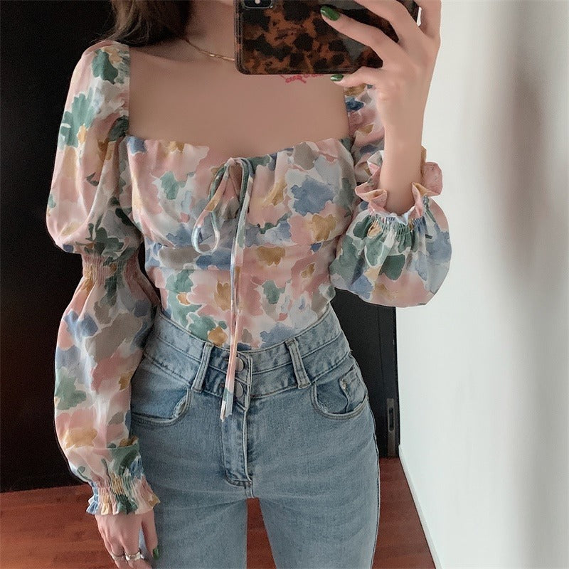 Retro Bow-Detail Puff-Sleeve Top