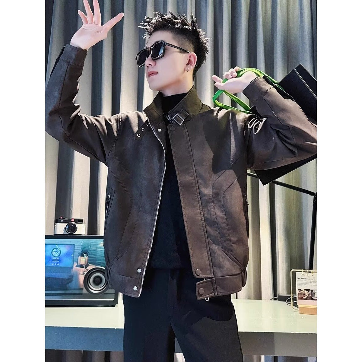 Men's Plus Size Stand-Collar Faux-Leather Jacket