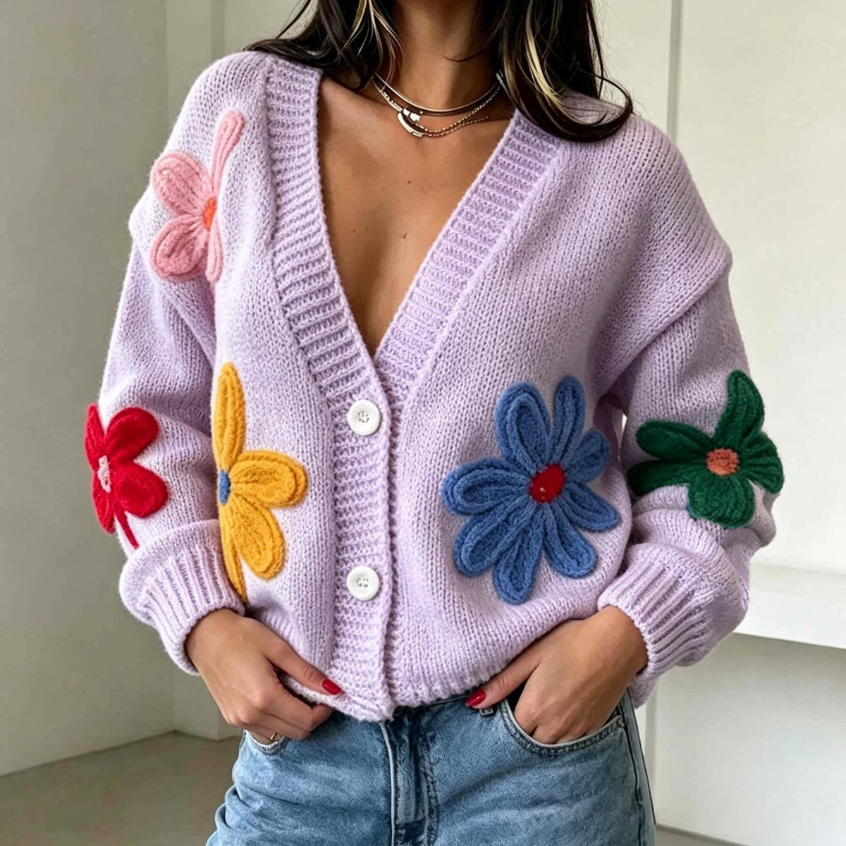 Women's Colorful Floral V-Neck Sweater