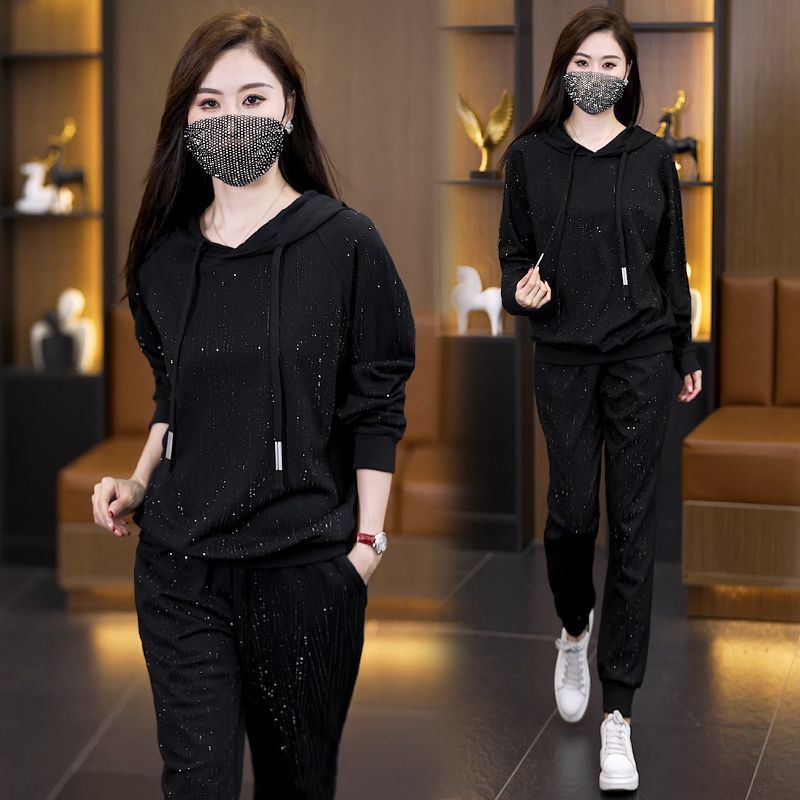 Women's Plus Size Wide-Leg Hooded Rhinestone Two-Piece Set