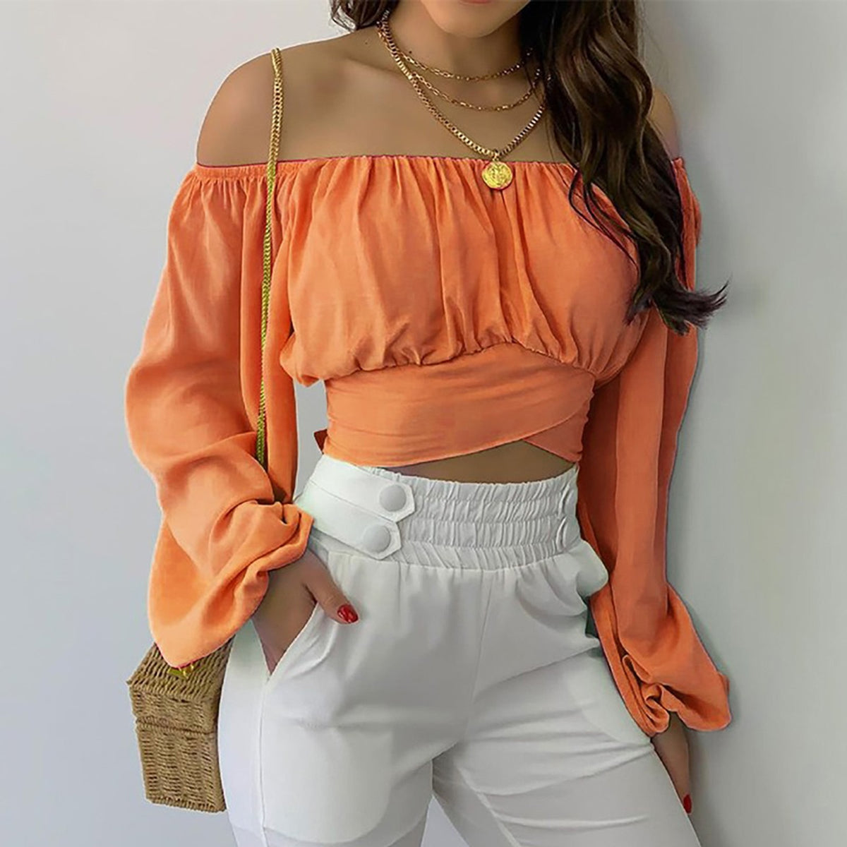 Off-Shoulder Lace-Up Long-Sleeve Top