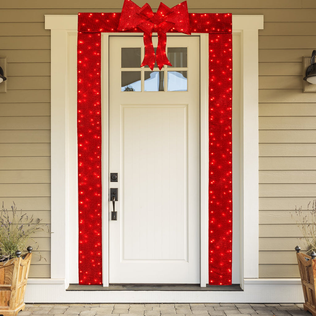 Lighted Christmas Tinsel Doorway Arch with Removable Bow for Roof Door Fireplace