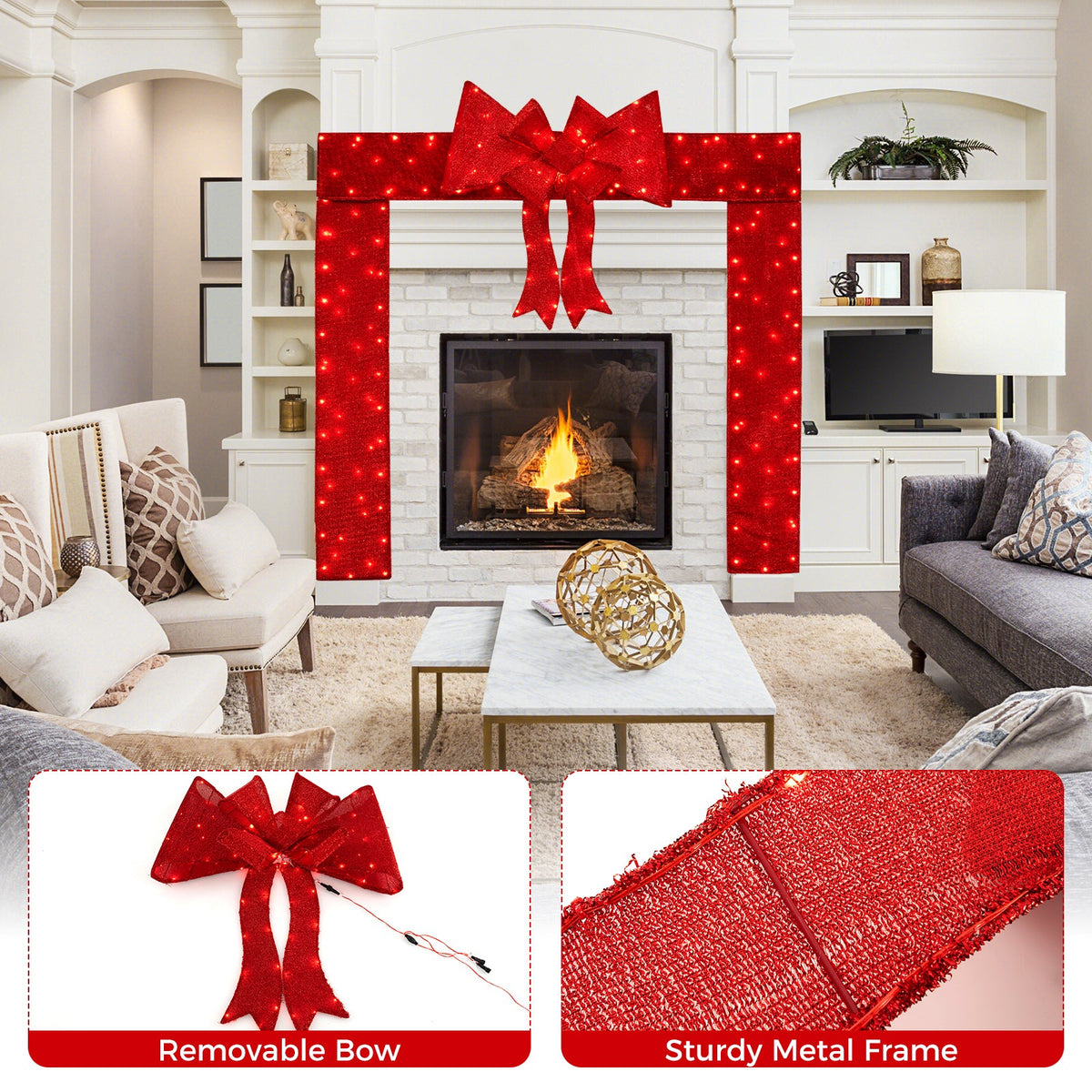 Lighted Christmas Tinsel Doorway Arch with Removable Bow for Roof Door Fireplace