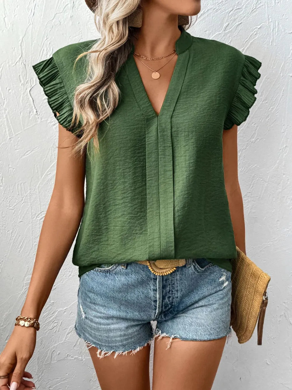 Ruffled Cap-Sleeve V-Neck Blouse
