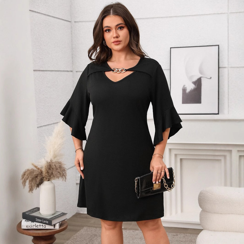Women's Plus Size Flare-Sleeve V-Neck Midi Dress