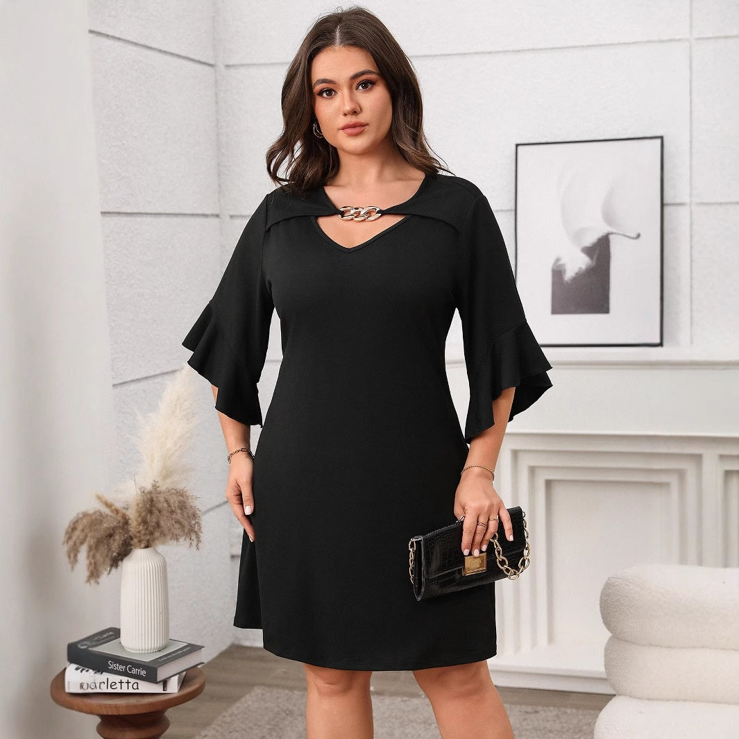 Women's Plus Size Flare-Sleeve V-Neck Midi Dress