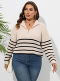 Women's Plus Size Striped Zip-Detail Knit Sweater